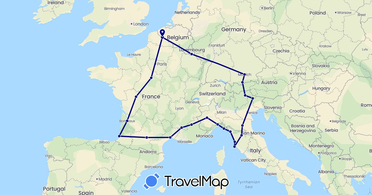 TravelMap itinerary: driving in Germany, France, Italy, Luxembourg (Europe)